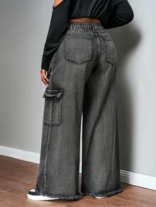 Truni Jeans de pierna ancha estilo boyfriend con parches de estrellas para mujer de talla grande, jeans de estilo militar para mujer de vuelta al colegio para el 4 de julio - Negro - Ver 2