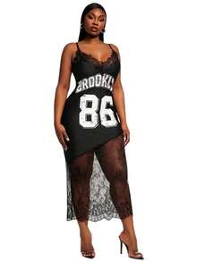 SHEIN SXY Sexy Patchwork Letter Pattern Plus Size Cami Dress Long Sleeveless Spaghetti Strap Knitted Fabric Dress - Multicolor - View 6