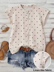 Franclia 女士休闲波点印花亚麻质感面料荷叶边领蝙蝠袖荷叶边短袖纽扣衬衫上衣，时尚休闲，通勤日常穿着，百搭优雅都市风，春夏穿着，乡村音乐节 - 彩色 - 查看 7