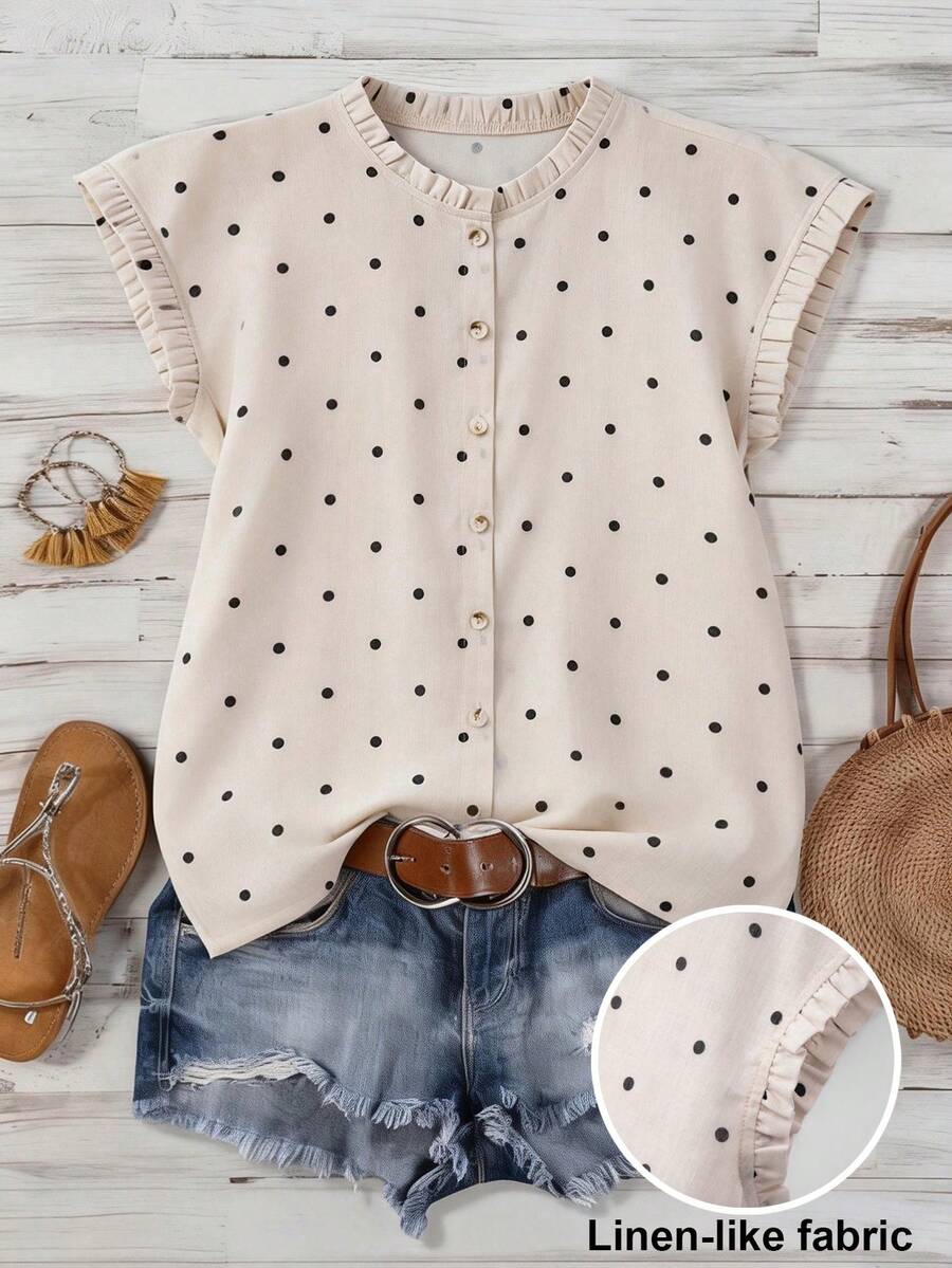 Franclia 女士休闲波点印花亚麻质感面料荷叶边领蝙蝠袖荷叶边短袖纽扣衬衫上衣，时尚休闲，通勤日常穿着，百搭优雅都市风，春夏穿着，乡村音乐节 - 彩色 - 查看 1