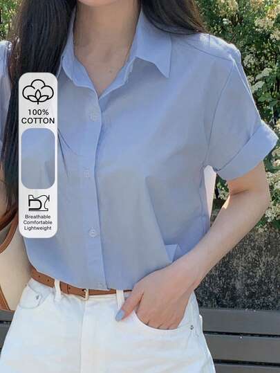 DAZY Minimalistisk blå elegant bantningsskjorta för kvinnor, avslappnad pendling
