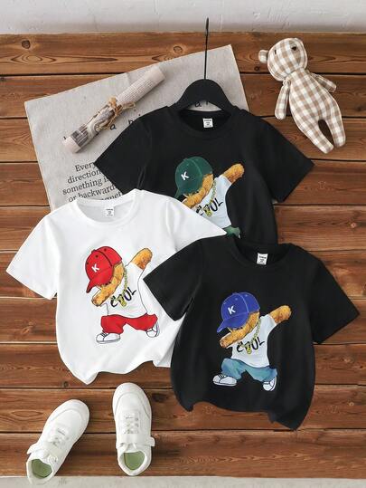 Set de 3 camisetas de manga corta con cuello redondo de unicolor y estampado de oso para niño pequeño, adecuadas para uso casual, vacaciones, deportes, verano
