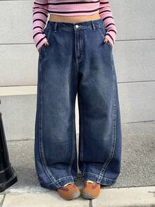 Dazy Plus 深色水洗做旧侧边拼接宽松直筒休闲长款牛仔裤，适合所有季节