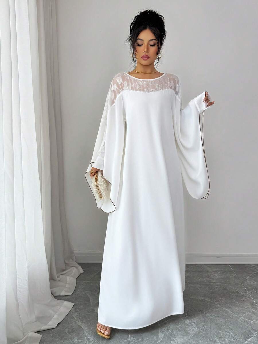 Rafferiza Women's White Solid Color Flat Fabric Patchwork Jacquard Contrast Color Loose Long Sleeve Round Neck Casual Commuter Robe - White - View 1