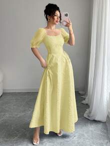 Modelyn 女士薄纱泡泡袖收腰喇叭下摆长连衣裙 - 黃色 - 查看 5