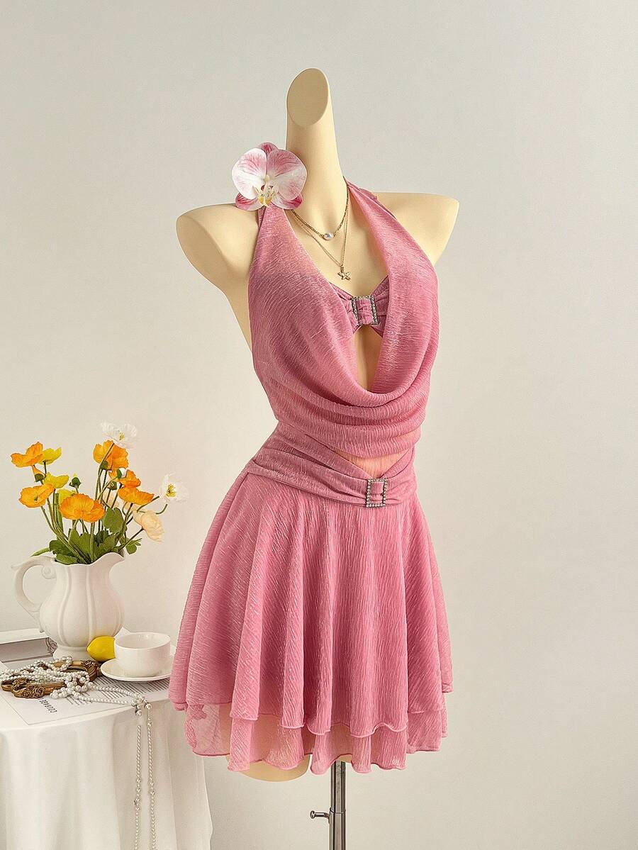 Elamini 女士性感镂空V领水钻搭扣系带短裙，闪亮粉色，度假风，春夏款 - 粉色 - 查看 1