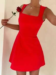 Aloruh Vestido de mezclilla de diseño sin espalda y sin mangas de unicolor de moda para mujer - Rojo - Ver 4