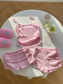 CovetEZ Women's 3-Piece Pink Summer Cute Lace Lounge Set,Sweet Corduroy Camisole,Gathered Shorts & Double-Waisted Leggings,Casual Comfy Vacay Clothing - Pink - View 4