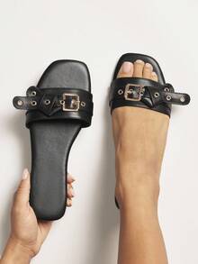 Solezae Women's Comfortable Slip-On Flat Sandals With Knot Eyelet Decor Valentine's Day - Black - View 3