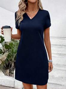EMERY ROSE Đầm ngắn tay cổ chữ V màu trơn dành cho nữ, kiểu dáng thường ngày. - Màu xanh hải quân - Xem 3