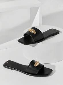 Solezae Women's Minimalist Elegant Metal Ornament Slip-On Flat Sandals - Black - View 1