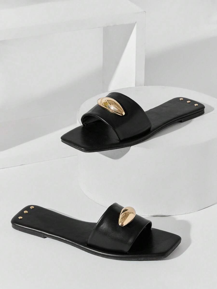 Solezae Women's Minimalist Elegant Metal Ornament Slip-On Flat Sandals - Black - View 1