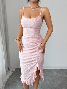 Elenzga New Arrival Elegant Sexy French Style Textured Jacquard Design Spaghetti Strap Backless Fitted Bodycon Mini Dress With Frill Trim For Women - Pink - View 2