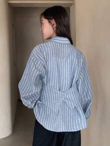 DAZY Teen Girl Striped Lapel Asymmetrical Hem Casual Versatile Daily Wear Long Sleeve Shirt - Blue - View 7