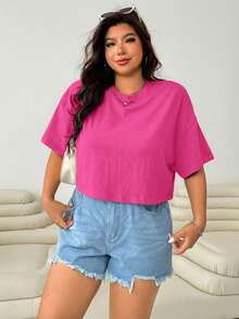 SHEIN EZwear 大码休闲纯色紫红色圆领短袖T恤 - 玫紅色 - 查看 3