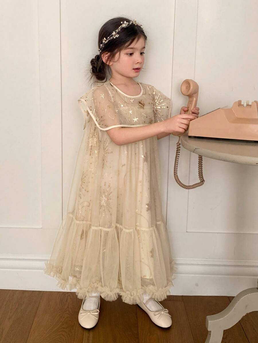 DAZY Young Girl Round Neck Sequin Mesh Ruffle Trim Cute Elegant Party Dress - Apricot - View 1