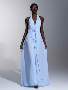 Elitara Elegant Romantic Backless Chiffon Multilayered Ruffle Hem A-Line Dress, Suitable For Festivals, Weddings, Galas, Concerts, Business Events, Social Media Influencer Occasions - Baby Blue - View 4