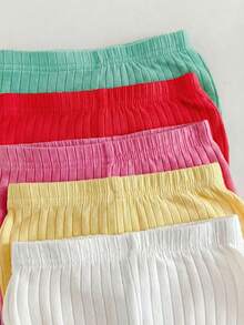 5pcs Baby Girl Casual Solid Color Elastic Waist Knit Shorts Set - Multicolor - View 3