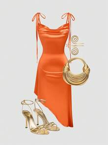 GlowEve 新款缎面光泽蝴蝶结腰部不对称下摆女式连衣裙 - 橘色 - 查看 2