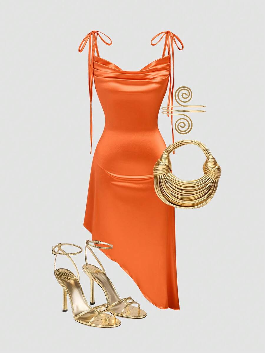 GlowEve 新款缎面光泽蝴蝶结腰部不对称下摆女式连衣裙