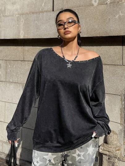 Comfortcana 大码女式纯色落肩长袖休闲宽松卫衣