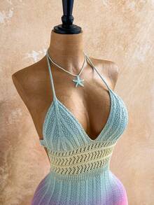 Soleia Women's Ombre Hollow Design Backless Halter Knitted Romper - Multicolor - View 5