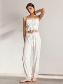 Ocili Women's Contrast Lace Tie-Waist Camisole And Pants Pajama Set - White - View 2