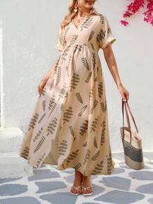 SHEIN Maternity Fashion Floral Print Collared Dress - Apricot - View 4