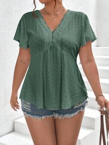 SHEIN Frenchy 荷叶边撞色蕾丝蝴蝶袖娃娃T恤 - 綠色 - 查看 4