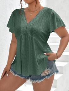 SHEIN Frenchy 荷叶边撞色蕾丝蝴蝶袖娃娃T恤 - 綠色 - 查看 5