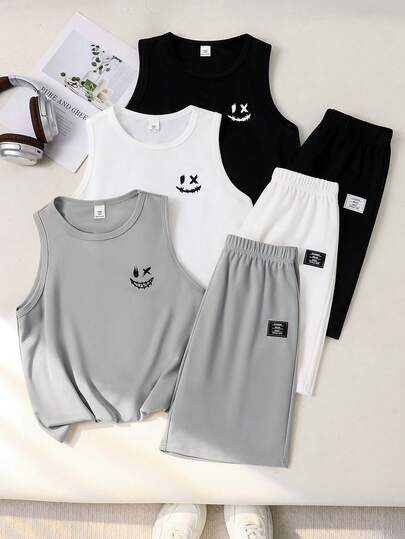 6pcs Tween Boy Casual Cute Graphic Print Knit Vest & Shorts Set, Suitable For Commuting, School, Daily Casual Wear, Sports, Spring/Summer