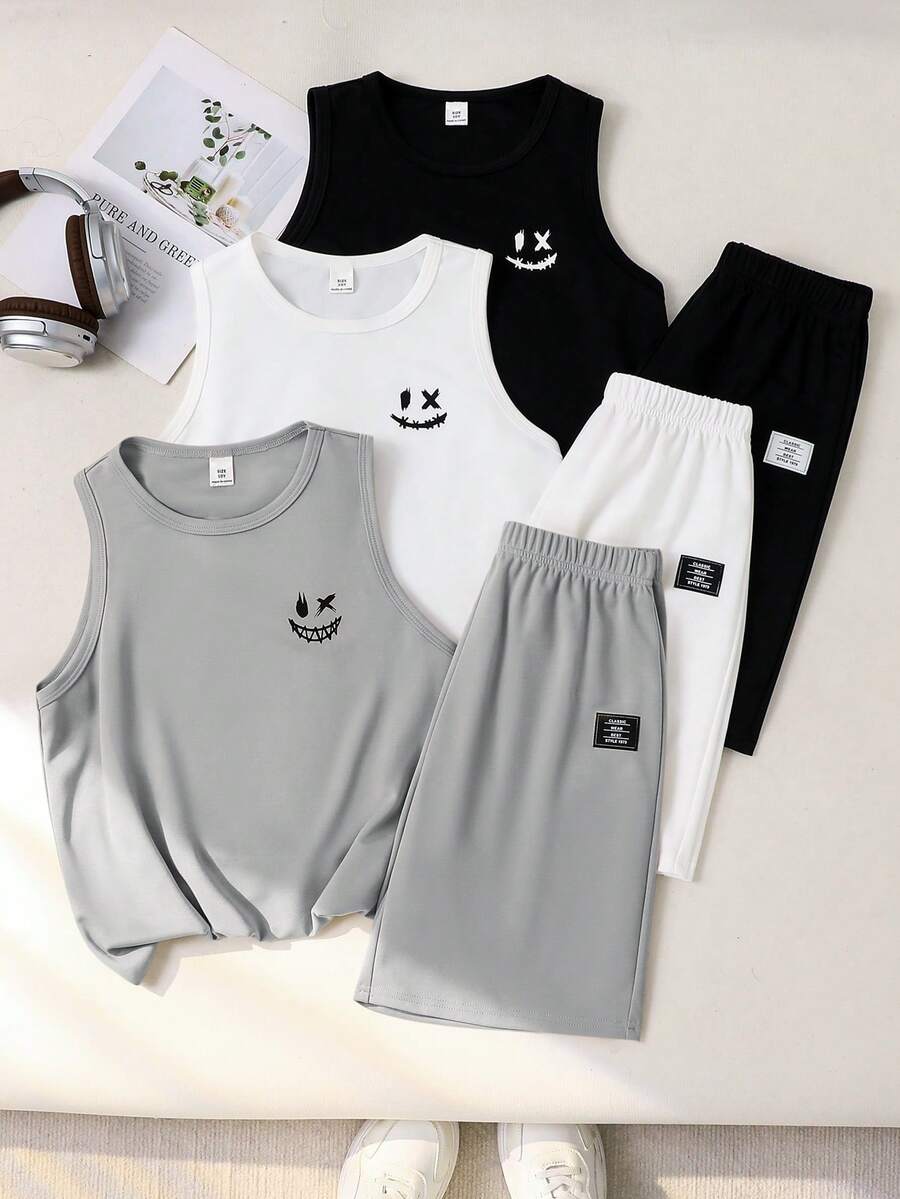 6件套青少年男童休闲可爱印花针织背心短裤套装,适合通勤、上学、日常休闲穿着、运动、春夏穿着。 - 灰色 - 查看 1