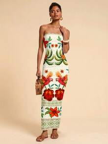 Travachic 休闲简约度假风热带雨林鹦鹉元素几何图案印花连衣裙，适合春夏度假穿着 - 彩色 - 查看 3