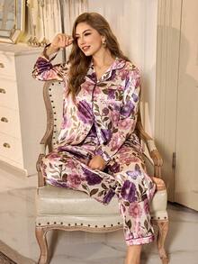 MuseNap CURVE Conjunto de pijama de mujer de talla grande con estampado floral y de hojas, bata, pijama de satén, ropa de dormir de mujer, conjunto de pijama de satén, ropa de dormir de mujer, conjunto de pijama de manga larga - Multicolor - Ver 3