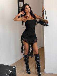 Coolane Women's Summer Concert Outfit Y2K Holiday Vocation Outfit Casual Streetwear Date Night Party Lace Stretchy Ruffle Fringe Bustier Tube Dress - Black - View 2