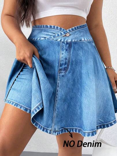 Elenzga Plus Size Women Fashion Casual Light Blue Denim Print High Waist Slimming Anti-Flashing Stretchy A-Line Short Skort, Suitable For Sports, Outdoor Running And Daily Casual Wear