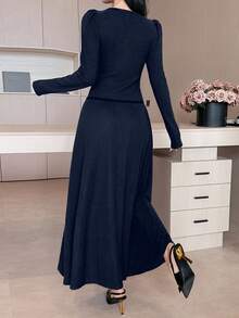 DAZY Women's Casual Colorblock V-Neck Top And A-Line Skirt 2-Piece Set, Spring/Summer - Navy Blue - View 2