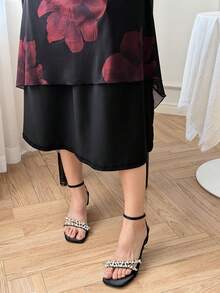 DAZY Đầm dài ren đen nữ thiết kế bất đối xứng vai, thắt eo, thích hợp cho mùa xuân và mùa hè. - màu đen - Xem 8
