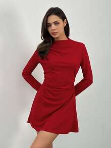 SHEIN Tall 女士优雅简约浪漫甜美荷叶边A字迷你连衣裙,适合通勤、婚礼、派对、音乐节、度假等场合 - 红色长袖,毕业典礼、教师装、秋季女装、复古风、办公室女装、秋季连衣裙 - 红色连衣裙 - 酒紅色 - 查看 6