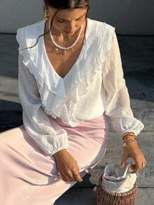 Franclia Falda de satén rosa con ribete de encaje en contraste para mujer - Rosa - Ver 5