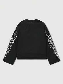 ROMWE MEN Men's Slogan Print Crew Neck Long Sleeve T-Shirt - Black - View 2