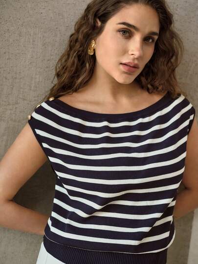 MOTF PREMIUM PLUS SIZE BOAT NECK STRIPED ELEGANT KNIT TOP, NEW SUMMER STYLE