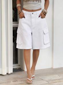 Sunnyshic 女士休闲百搭纯色牛仔短裤 - 白色 - 查看 1