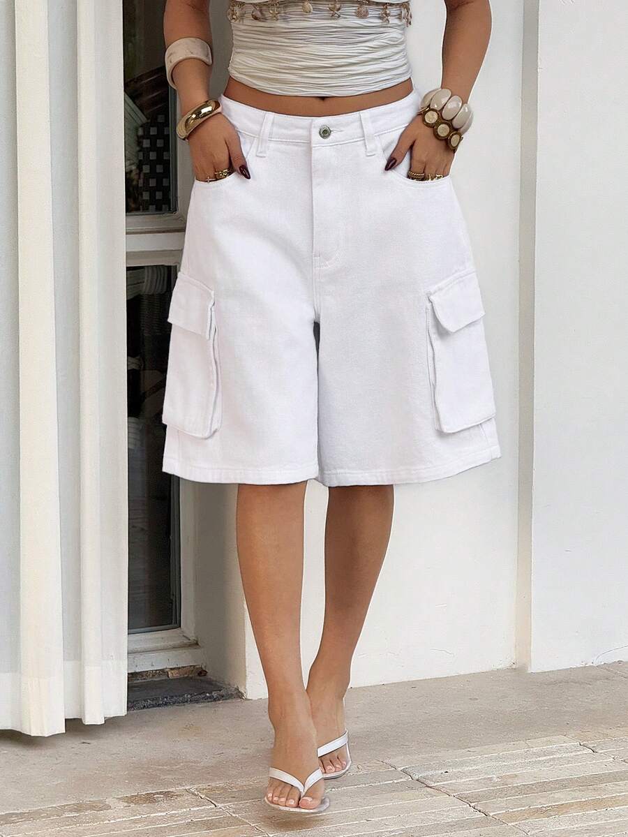 Sunnyshic 女士休闲百搭纯色牛仔短裤 - 白色 - 查看 1