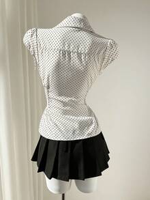 Elamini 复古波点泡泡袖翻领纽扣收腰休闲衬衫（女款） - 杏色 - 查看 2