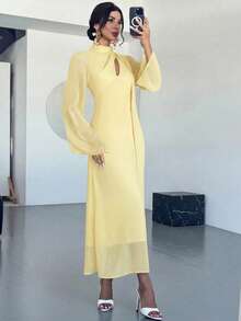 Firerie Vestido elegante para mujer de vacaciones y uso diario casual, manga larga asimétrica, cuello con lazo, cintura calada, corte ajustado y acampanado, amarillo pálido, verano, invitada de boda - amarillo ganso - Ver 7