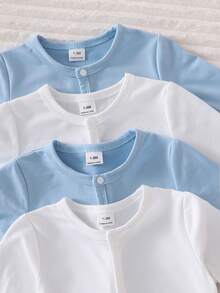 4pcs Newborn Unisex Minimalist Blue & White Soft & Comfortable Long Sleeve Footie Pajamas Set - Baby Blue - View 5