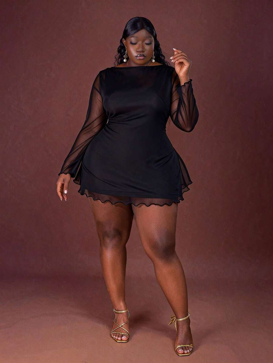 CurvyTilda 大码女装春夏高街黑色迷你短裙,适合日常、通勤、郊游、约会、下午茶、度假、法式连衣裙、晚礼服、生日礼服、伴娘服、简洁优雅的日常连衣裙、婚纱、伴娘服、小黑裙、鸡尾酒会礼服、适合度假、海滩性感连衣裙 - 黑色 - 查看 1