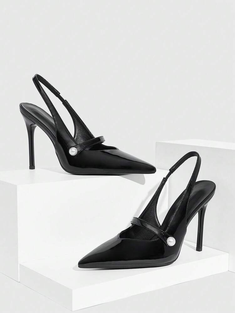 CUCCOO SZL Pointed Toe Stiletto High Heel Black Glossy Fabric Fashion Versatile Sexy Party Ankle Strap Women's High Heel Pumps, Women's Backless Pumps For Christmas