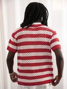 GALLERY FADE Contrast Stripe Hollow-Out Button Front Knit Sweater, Short Sleeve - Red - View 2